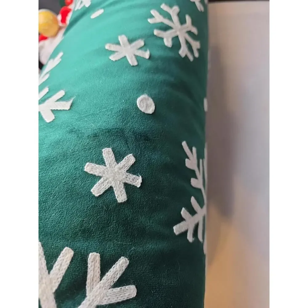 Christmas Winter Bolster Pillow Green Velvety W/Snow Flakes 24